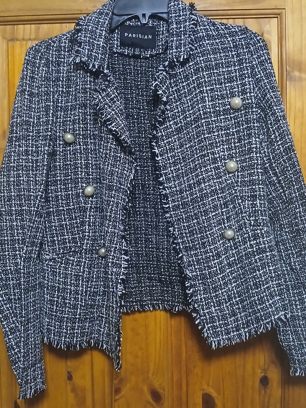 Parisian Works Black and White Tweed Frayed Hem Double-Breasted Blazer